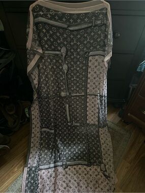 Monogram Silk Scarf moo-moo Pink & Gray sheer swimsuit cover-up with scarf